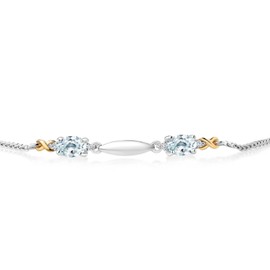 Gem Stone King 925 Sterling Silver and 10K Yellow Gold Oval Sky Blue Aquamarine and White Lab Grown Diamond Tennis Bracelet For Women (1.04 Cttw, Gemstone Birthstone, Fully Adjustable Up to 9 Inch)