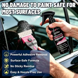 Adhesive Remover Softens & Dissolves Goo & Glue, Stickers, Labels, Decals, Tape & Residue on Car Glass & Paint – Portable Kit with Scraper, Spatula & Towel – 3.4 fl oz (100ml) (Adhesive Remover-3)