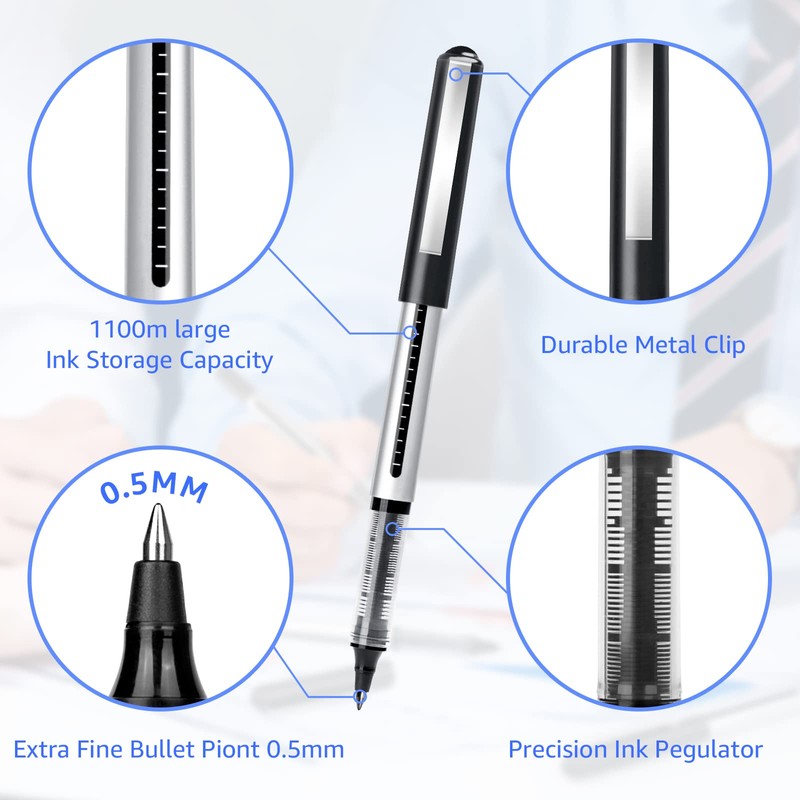 Rollerball Pen Fine Point Pens: 16Pack 0.5mm Black Gel Liquid