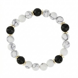 EQUBIO 8mm Lava Rock Howlite Bead Bracelet for Men, Matte Black Volcano Stone and White Semi Precious Stretch Jewelry