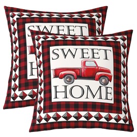 Rustic Farmhouse Throw Pillow Covers Watercolor Red Farm Truck Decor Cushion Covers for Teens Adults Vintage Red Black Plaid Western Style Cushion Cases for Living Room Couch 18x18 Inch Set of 2