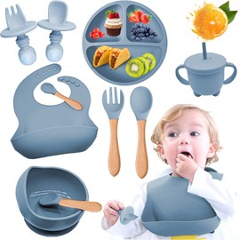 Vajillas Platos para Bebe Silicona, 8Pcs Set Alimentacion Complementaria Bebe, Plato para Bebe con Ventosas, Baberos Ajustable, Sin BPA, Seguros para Alimentos, Ideal para Regalo para Babyshower(Azul)