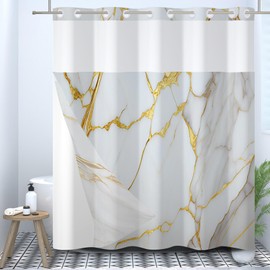 Ttincceer No Hooks Shower Curtain with Snap in Fabric Liner White Gold Marble Hookless Shower Curtain Waterproof Double Layer Modern Bathroom Curtain with See Through Top Window 180 x 188 cm