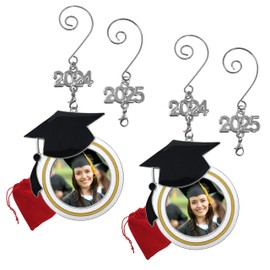 Graduation Christmas Photo Ornament Dated Charms for 2024 & 2025 - Graduation Hat Design Congratulations Senior Students Storage Bags Included - Pack of 2