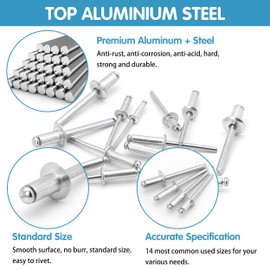 SATANTECH 500pcs Pop Rivets Assortment Kit,14 SAE Sizes Aluminum Rivets (3/32" 1/8" 5/32" 3/16" 1/4"), Assorted Blind Rivets with Reinfored Divider & Labeled Case | SATANTECH