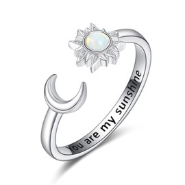 KINGWHYTE Opal Ring 925 Sterling Silver Sun and Moon Rings for Women Adjustable Rings Opal Jewellery Gifts for Women Teen Girls, Sterling Silver, Opal