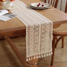 meioro Table Runner, Cotton, 10.2 x 47.2 inches (26 x 120 cm), Table Center, Crochet, Elegant, Stylish, Vintage, Table Mat, Solid, Nordic, French Style, Polyester, Bohemian, Tablecloth, Tassel, Cotton