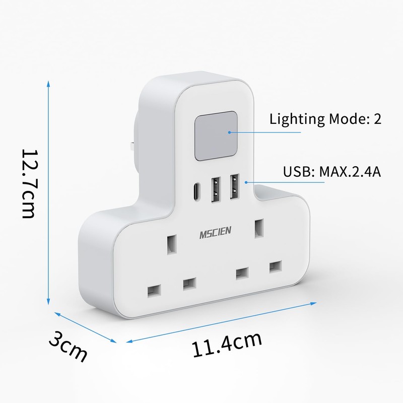 Double Plug Adaptor with USB (1USB-C, 2 USB-A), MSCIEN Plug