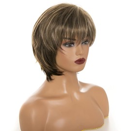 CGVG Short Straight Golden Brown Wig Women's Layered Short Hair Wig Natural Synthetic Short Hair with Fringe for Women Everyday Life Party