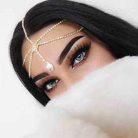 Aularso Rhinestone Head Chain Layerd Hair Jewlery Gold Forehead Headpiece Wedding Prom Headband for Women and Girls (Gold)