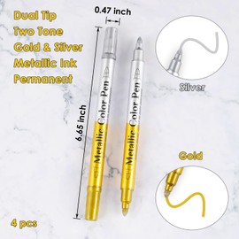 Dyvicl Metallic Marker Pens Dual Tip, Permanent Metallic Silver and Gold Paint Pens for Black Paper, Wine Glass, Rock Painting, Christmas Card Making, Scrapbook, DIY Crafts, Set of 4