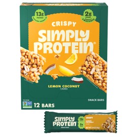 Simply Protein - Lemon Coconut Crispy Bars - Plant Based Protein Bars - Low Carb, Low Sugar, High Fiber - 13g Protein, 2g Sugar, 7g Fiber - Vegan, Gluten Free, Non GMO, Kosher - 12 Bars