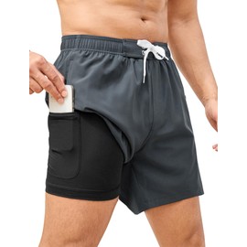 SILKWORLD Swim Trunks for Men Compression Lined Swimsuit 6 in Swimming Shorts Quick-Dry Bathing Suits with Zipper Pocket, Charcoal Grey, Large