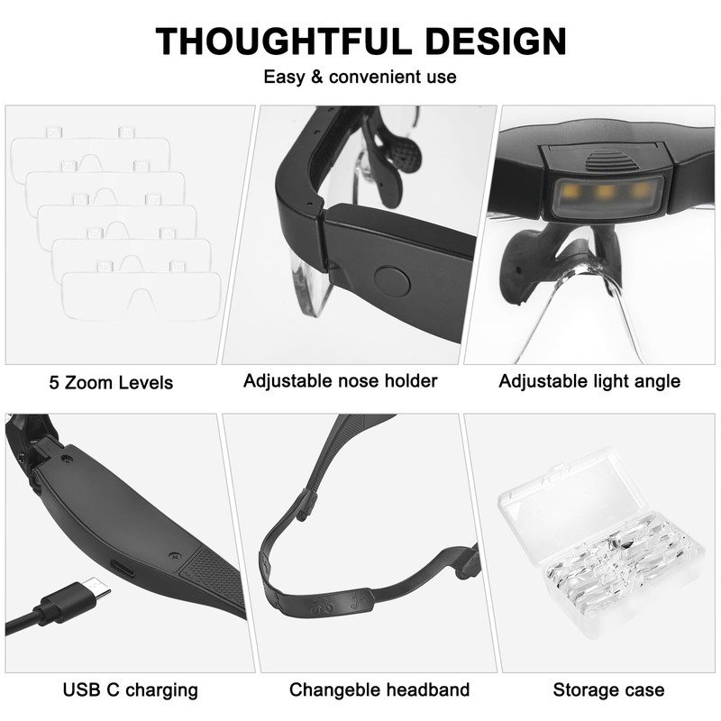 Magnifying Glasses with Light, 0.75X-4.0X Magnifying Glass, Rechargeable Head Magnifier