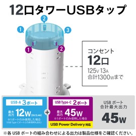 Elecom ECT-2220WH Tower-shaped Power Strip, Extension Cord, 12 Outlets, 2 USB-C Ports, 3 USB Ports, USB PD 45W, Lightning Guard, Dust Shutter, Mounting Parts Included, 6.6 ft (2 m), White