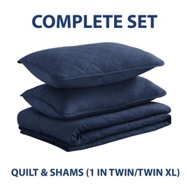 Cathay Home Basic Bedding Home Essential All Season 3PC Microfiber Diamond-Stitch Quilt Set - Navy, King/Cal King