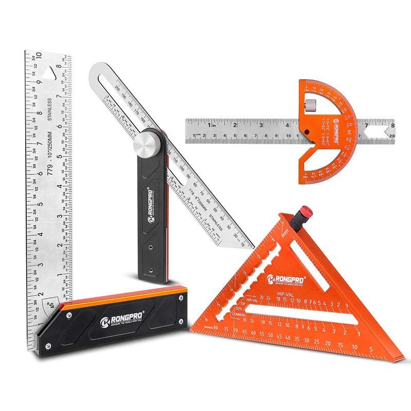 RONGPRO 4Pcs Woodworking Tools -7''Aluminum Rafter Square,12''Adjustable Protractor Angle Finder,10'Woodworking