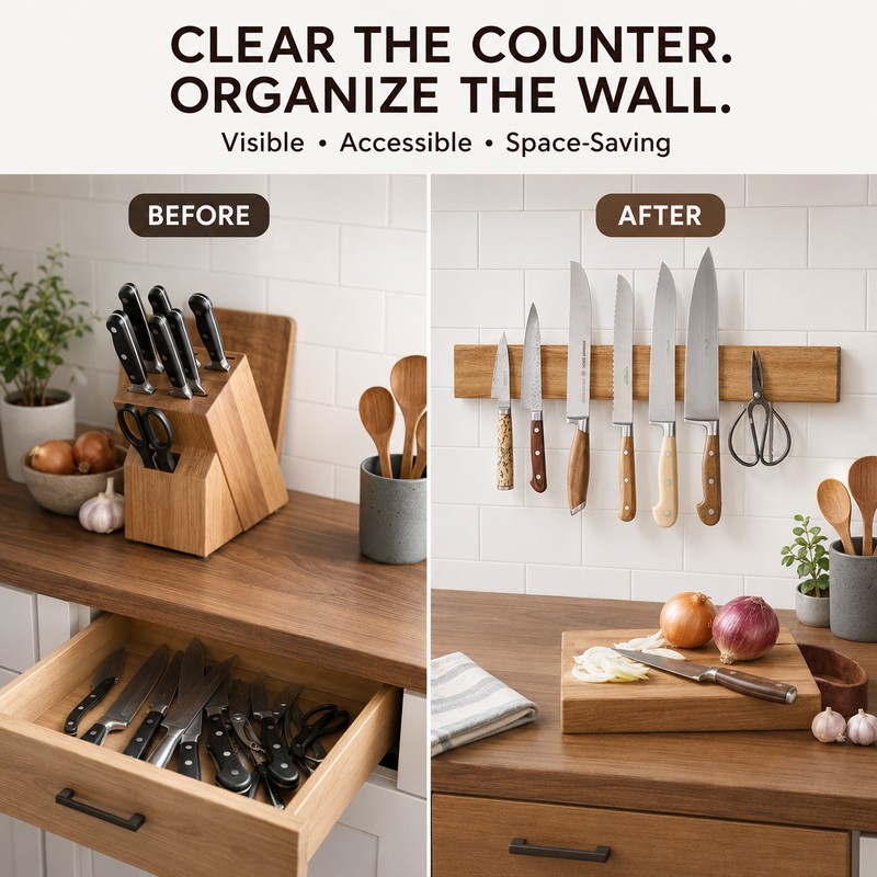 16 Inch Acacia Wood Magnetic Knife Holder for Wall, Strong
