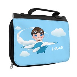 Toiletry Bag with Name Lewis and Beautiful Motif with Aeroplane and Pilot for Boys | Toiletry Bag with First Name | Wash Bag for Children, black