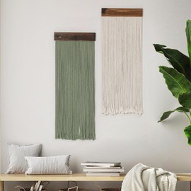 SCECALA 2Pcs Boho Macrame Long Wall Tapestry, Fibre Tie-Dye Handmade Macrame Wall Hanging Bohemian Yarn Tapestry Living Room Bedroom Modern Home Decor, 30.7x11.8 inch(Sage Green and White)