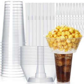 Jingmore 50 Sets Snack and Drink Cup, Disposable Clear Plastic Cups with Snack Bowl on Top Includes Cups, Bowls, Straws, Forks for Stadium, Movie Night and Party