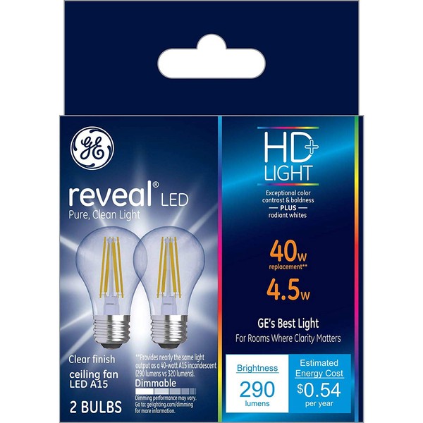 GE Reveal Light Bulbs, 40 Watt, A15 Ceiling Fan Bulbs, Medium Base (2 Pack)