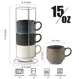 glowworm Coffee Mugs with Stand, Stackable Coffee Mugs Set of 4, Wedding Housewarming Gift, Modren Ceramic Cups for Milk, Cocoa, Microwave & Dishwasher Safe, Multicolor