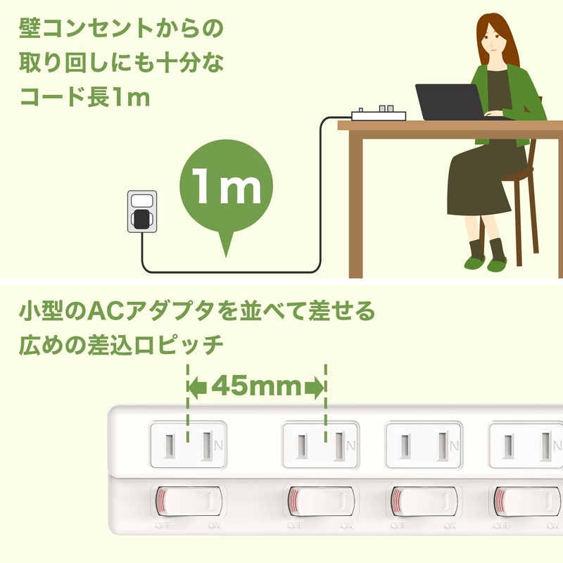 FUMITAKE Power Tap, 3.3 ft (1 m), 6 Ports, 1500W,