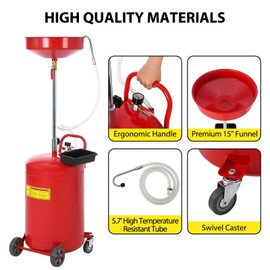 20 Gallon Oil Drain Tank, Fluid Fuel Transfer Tank, Portable Oil Drain Container, Air Operated Drainer with Wheels and a Toolbox, Adjustable Funnel Height