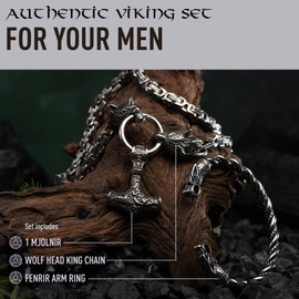 VikingsBrand 3PCS Viking Amulet Protection Pendant Necklace for Men, Wolf Bracelet - Norse Mythology Gift