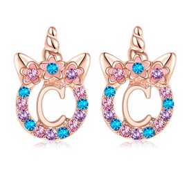TRWWELL Cute Rose Gold Initial C Unicorn Hypoallergenic Stud Earrings Rhinestone Initial Letter Stud Earrings for Girls Unicorns Jewelry Gifts for Kids Toddler