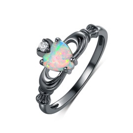 Crown Heart Opal Claddagh Rings for Women Men 18K Black Gold Plated Hollow Out Engagement Wedding Birthstone Statement Band Fashion Jewelry (6)