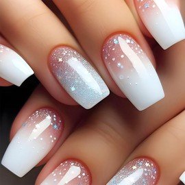 White Gradient Press on Nails Short Coffin Fake Nails with Glitter Sequins Desingn Glue on Nails Pink False Nails Acrylic Glossy Nails Press ons Cute Artificial Stick on Nails for Women Girls 24Pcs