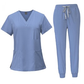 LOVIVER Female Scrub Set Nurse Workwear V Neckline Professional Machine Washable Top and Joggers Pant Work Clothing for Beauty Center, Light Blue, XXL
