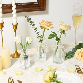 ComSaf Glass Bud Vases Set of 3, Small Flower Vases in Bulk, Mini Ribbed Vases for Centerpieces, Clear Vintage Vases for Table Decorations, Wedding, Party, Receptions, Home Decor (Different Sizes)