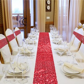 Newwiee 108 Pcs Red Sequin Chair Sashes and Table Runners, 96 Sequin Chair Bows, 12 Glitter Table Runners for Birthday Party Wedding Banquet Holiday Decorations