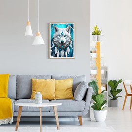 GDYEEH White Wolf Diamond Painting Adults, 5D Dream Catcher Diamond Art Pictures Beginners, DIY Round Full Drill Feather Diamond Painting Embroidery Cross Stitch Gifts Home Wall Decor 30 x 40 cm