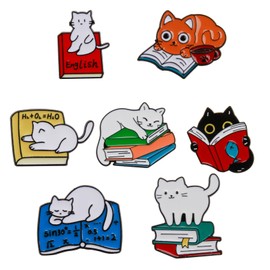 7Pcs Cute Cat Enamel Pins for Backpacks, Animal Brooch Badges,Cartoon Lapel Pins for Clothes Bags, Book Club Decorations Bookish Items Learning Gifts for Teachers Readers