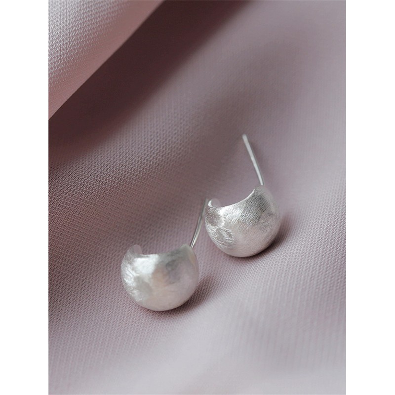 Sterling Silver Brushed Half Hoop Ball Bead Dome Drop Stud