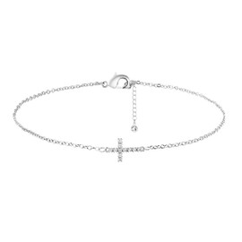 Yimofy Cross Bracelet for Women Silver Plated Shiny Zircon Inlaid Sideways Cross Bracelets Women's Dainty Cross Charm Bracelets Minimalist Religious Wrist Chain Christian Jewelry Easter Gifts