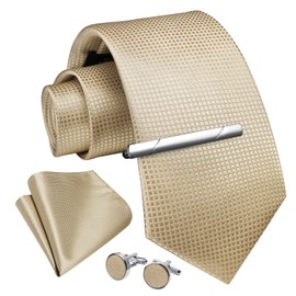 Enlision Mens Tie Set Gold Plaid Ties with Pocket Square Cufflinks Tie Clip Set Woven Silk Formal Champagne Check Necktie Hwithkerchief Wedding Business
