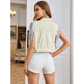 SweatyRocks Women's Fringe Button Down Crop Denim Jacket Sleeveless Collared Jean Coats Apricot XS