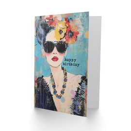 Artery8 Birthday Card Sunglasses Modern Fashion Portrait For Her Gran Sister Niece Daughter Wife Woman Greeting Card