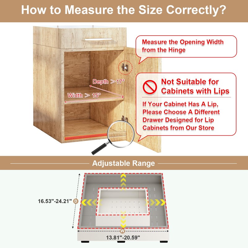 Pull out Cabinet Organizer,Width (14"-21") and Depth (17"-24") Expandable With