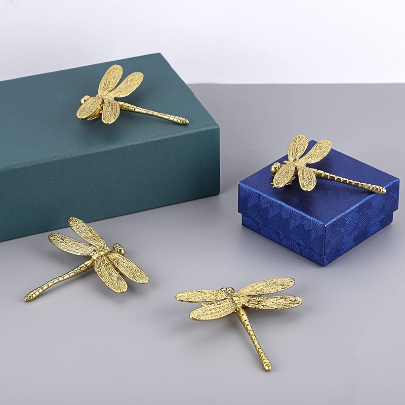 BSTKEY 4pcs Brass Gold Dragonfly Drawer Knobs Furniture Knobs with