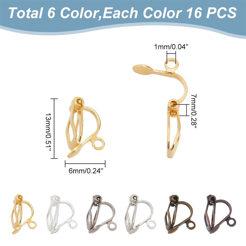 PH PandaHall 96pcs 6 Colors Brass Clip-on Earring Converter Component