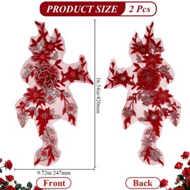 CABODYALS 2Pcs 3D Floral Embroidery Applique Pearl Lace Beaded Embroidered Appliques Dark Red Polyester Sequin Flower Sew on Tulle Patches for Sewing Making Dress Gown Wedding Bridal Shirt Bag Supply
