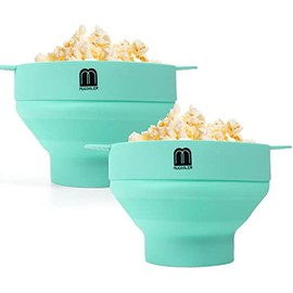 MMUGOOLER 2 Pack Original Microwave Popcorn Popper Silicone Popcorn Maker, Collapsible Bowl with Lid BPA Free and Dishwasher Safe(2 Blue)
