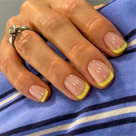 Yellow French Tip Press on Nails Short Square Nails Press ons French Tip Glue on Nails for Women DIY Acrylic French Nails Short Gel Nails, Natural Thick Extra Short French Fake Nails 24Pcs 12 Sizes