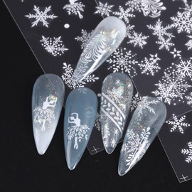 White Snowflake Nail Art Stickers Decals Winter Christmas Snow Nail Self-Adhesive Sticker Designs Xmas Big Snowflake Nail Transfer Decal Acrylic Supplies for Women Manicure Tips Holiday Decorations